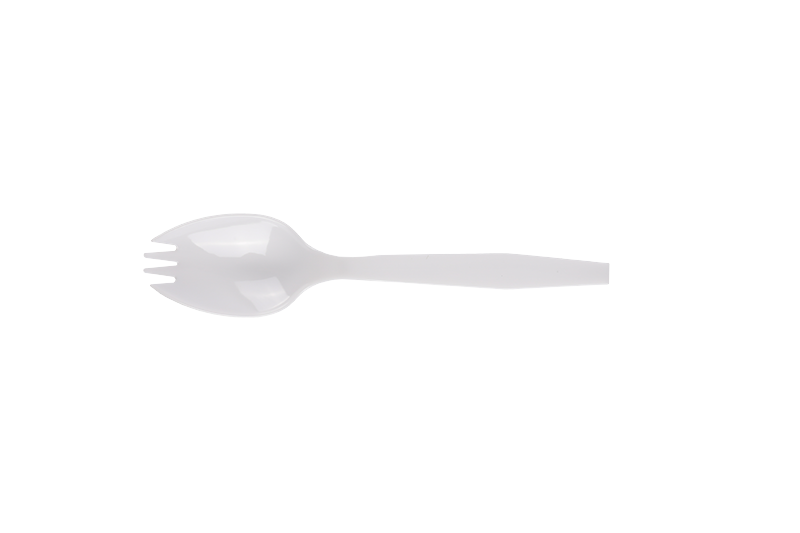 Spork bianco monouso in plastica a manico lungo