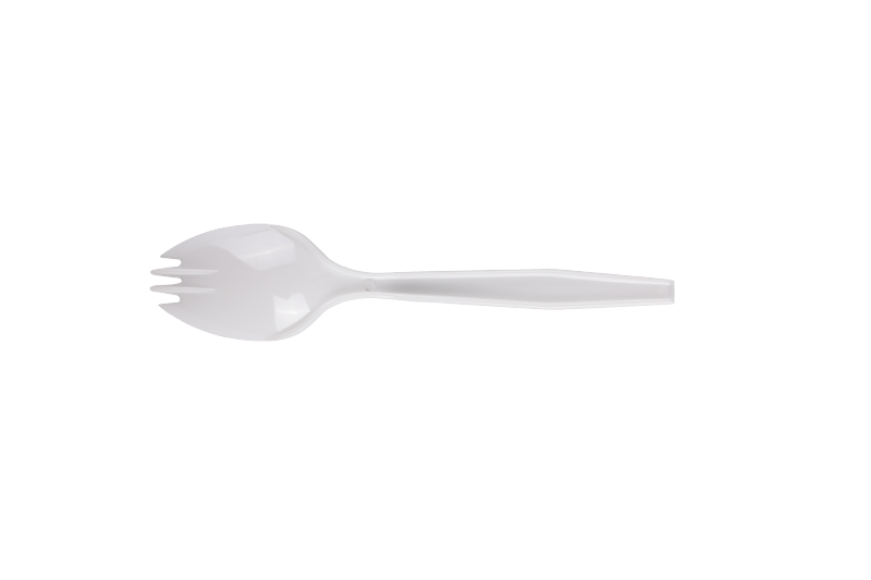 Spork bianco monouso in plastica a manico lungo